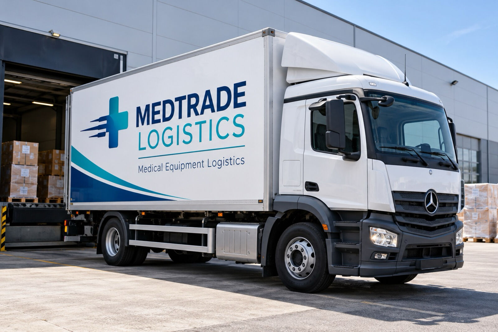 Samochód dostawczy MEDTRADE Logistics przy rampie magazynu